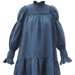 SEA Hattie balloon-sleeve shirred ramie mini dress